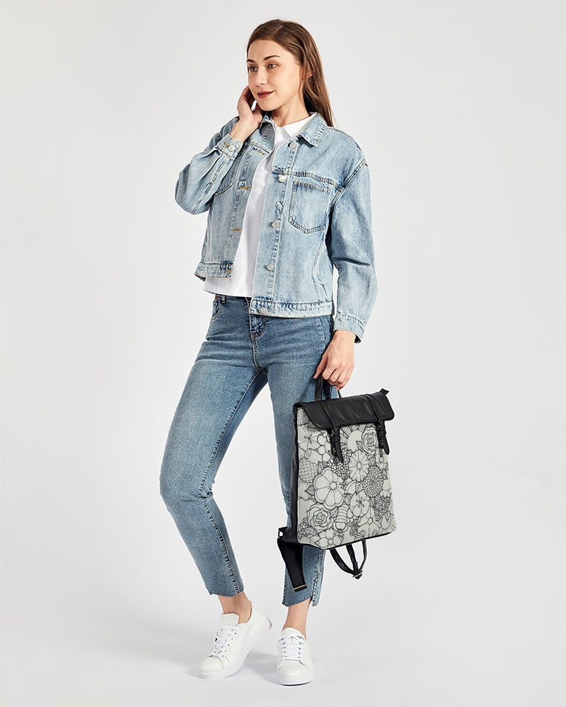 Les Fleurs - B&W Casual Flap Backpack