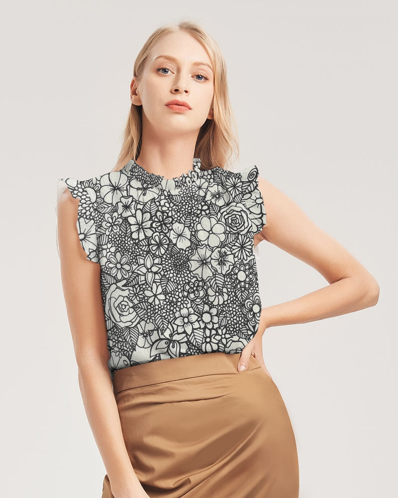 Floral Mini - B&W Women's Ruffle Sleeve Top